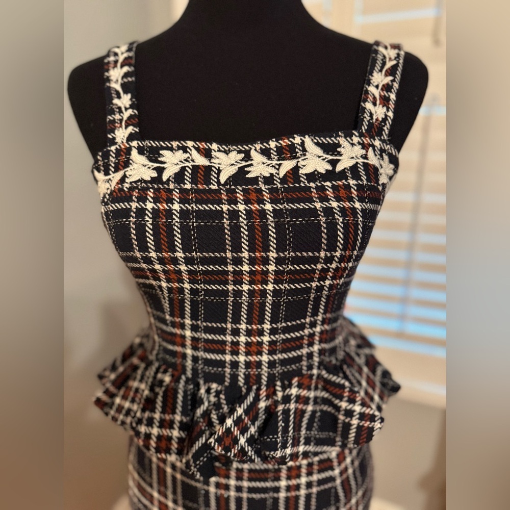 NWT Fanm Mon Tweed Embroidered Square Neck Peplum Top Multiple Sizes